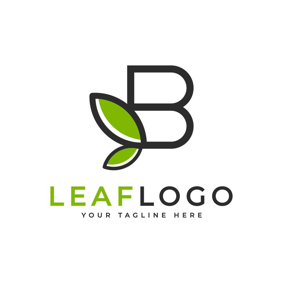 Creative Initial Letter B Logo. Black Shape Linear Style Linked with Green Leaf Symbol. Usable for Business, Healthcare, Nature and Farm Logos. Flat Vector Logo Design Ideas Template Element. Eps10