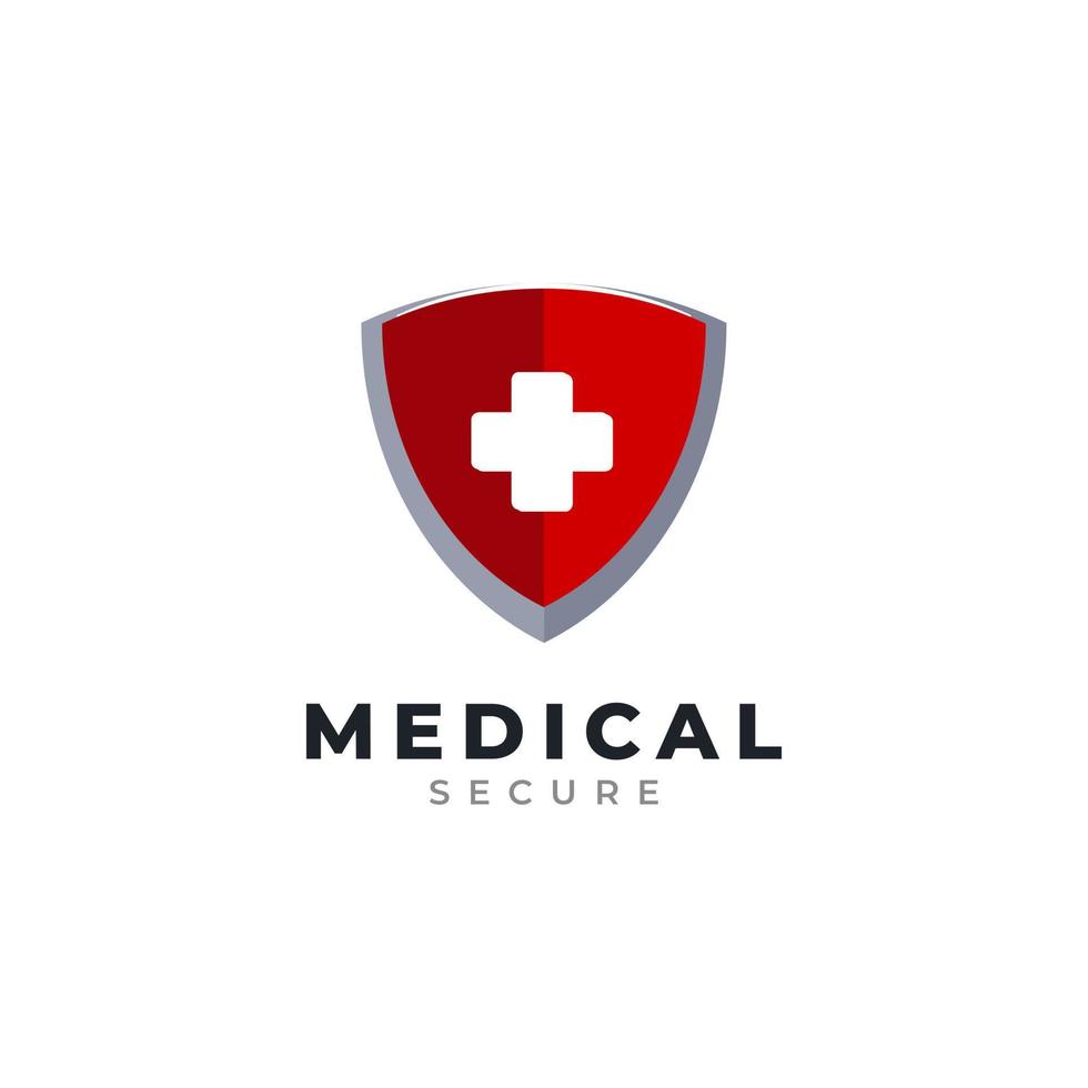 diseño de logotipo médico seguro. Ilustración de vector de cruz de escudo de protección de salud médica