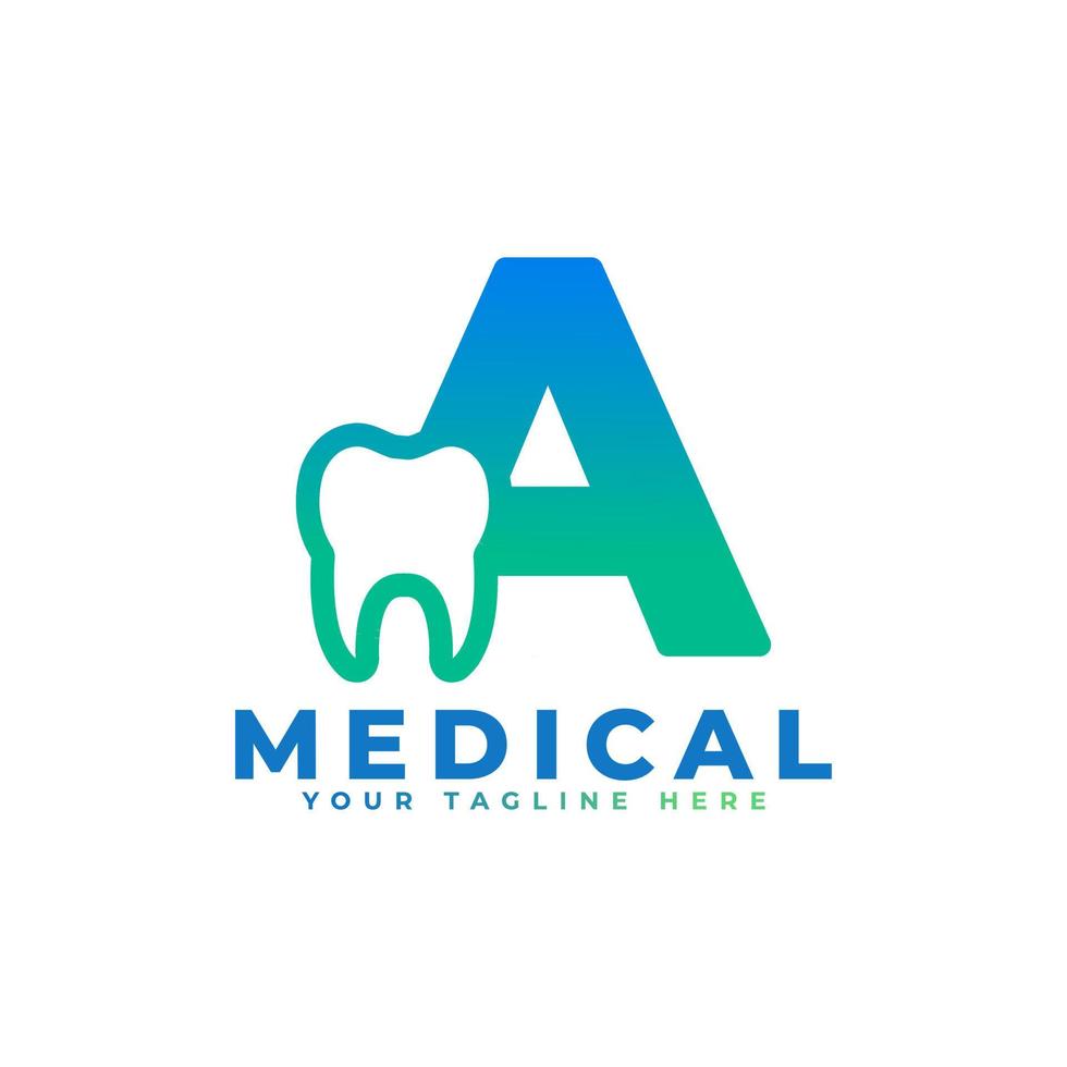 logotipo de la clínica dental. letra inicial de forma azul a vinculada con el símbolo del diente en el interior. utilizable para dentista, atención dental y logotipos médicos. elemento de plantilla de ideas de diseño de logotipo de vector plano.