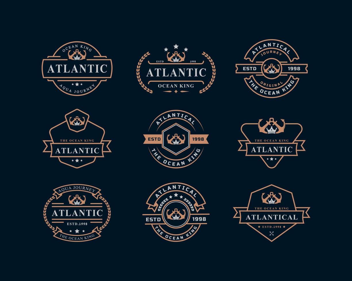 Set of Vintage Retro Badge Nautical King Anchor Emblem with Anchor and Crown for Marine Logo Design Symbol vector