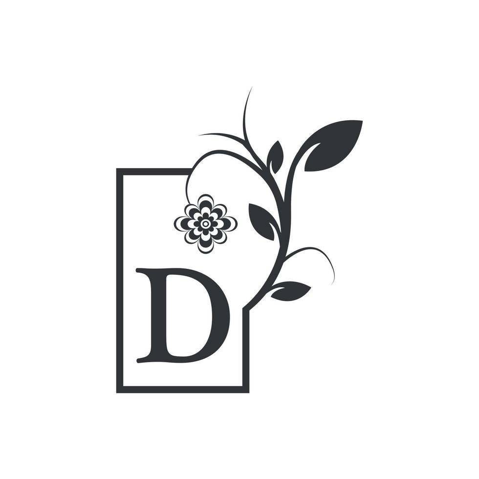 Elegant D Luxury Logo Square Frame Badge. Floral with Flowers Leaves. Perfect for Fashion, Jewelry, Beauty Salon, Cosmetics, Spa, Boutique, Wedding, Letter Stamp, Hotel and Restaurant Logo. vector