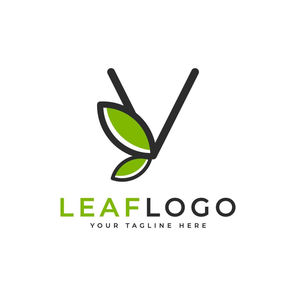 logotipo inicial creativo de la letra v. estilo lineal de forma negra vinculado con el símbolo de hoja verde. utilizable para logotipos de negocios, salud, naturaleza y granjas. elemento de plantilla de ideas de diseño de logotipo de vector plano. eps10