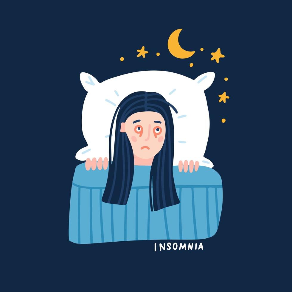 Young woman suffers from insomnia cause of mental problems, insomniac ideas. Top view tired girl lying in bed, thinking about deadline, upset event, can not relax. Flat ahnd drawn vector illustration