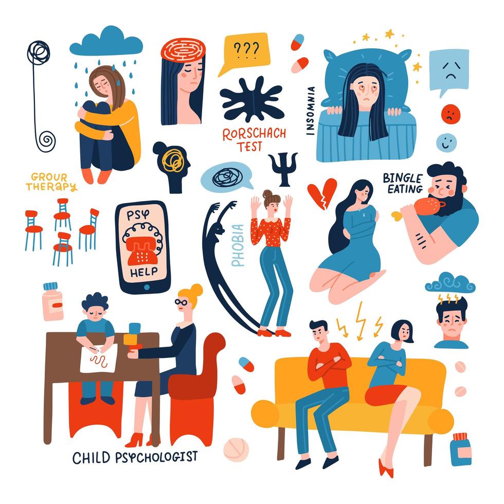 Set of psychological metaphors and concepts. Psychology, brain, mental health elements, upset characters woth problems isolated on white background . Flat hand drawn vector illustration.