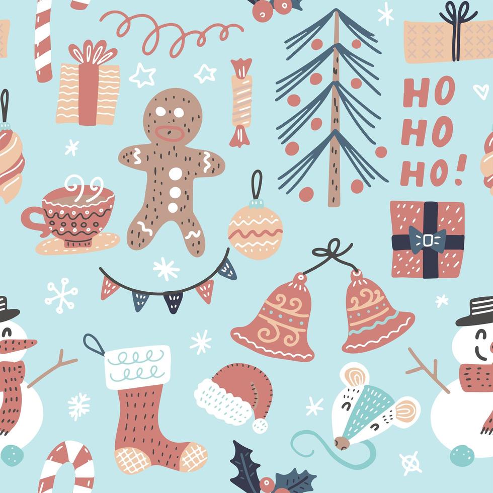 Vector Seamless Cartoon Christmas Pattern. Christmas tree and baubles, gifts, tea cup, snowman, gingerbread man, bells and ribbons, sweets, Santa sock, hat, holly berries.