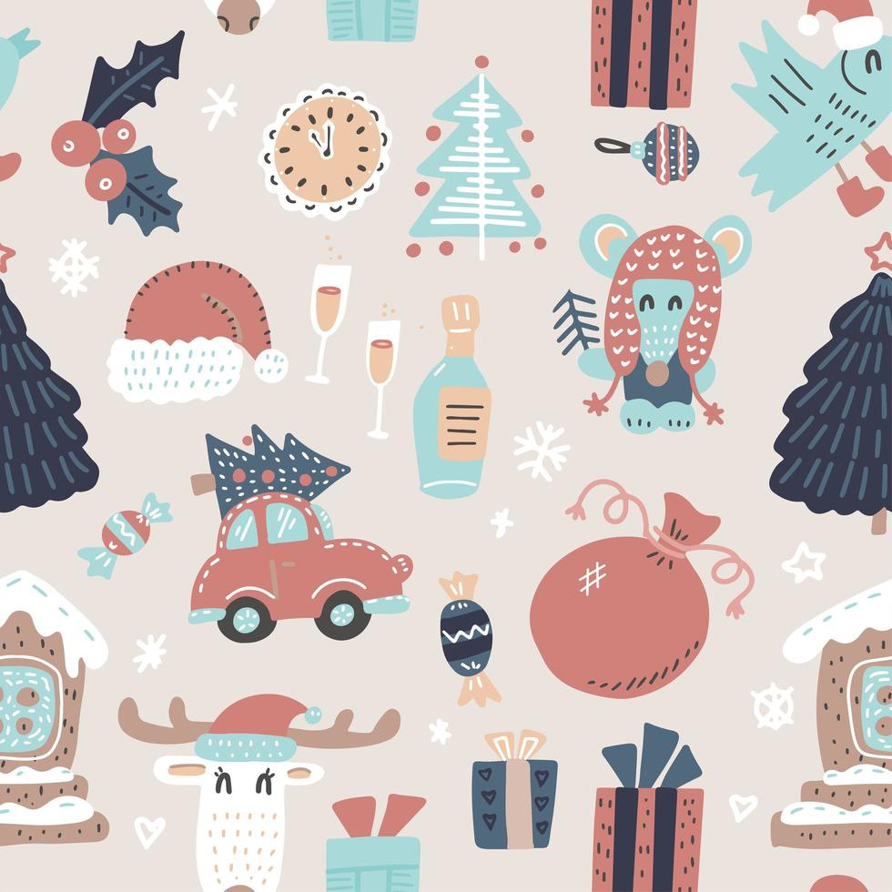 Seamless winter holidays pattern with funny cartoon deer, mouse, Xmas tree, Gingerbread house on snowy light biege background. Vector illustration. Design for fabric and decoration.