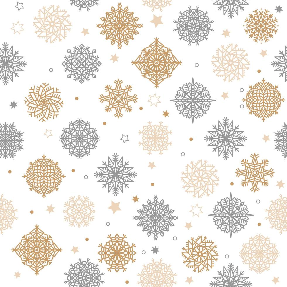 Gold and silver snowflakes and stars seamless pattern on a white background. Vector illustration.