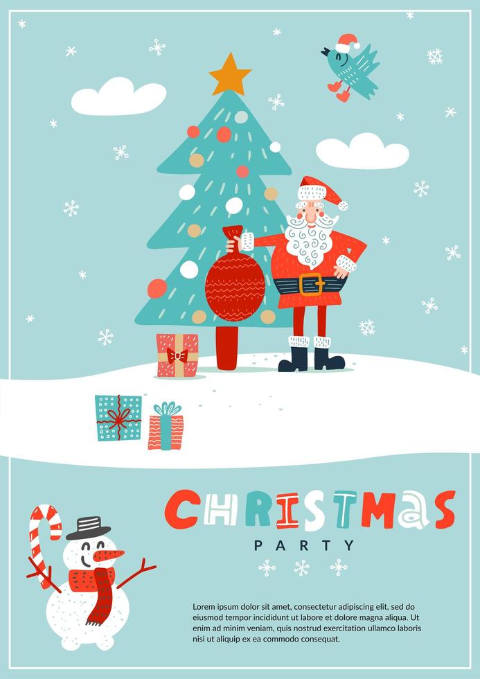 Retro christmas poster card with Santa near decorated xmas tree. a4 vertical holiday Christmas party concept. Hand drawn flat vector illustrration.