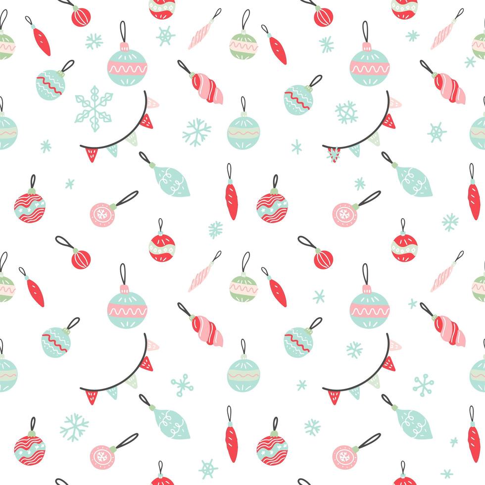 Seamless pattern with Christmas Decor. Only Christmas toys and flag garland in hand drawn doodle style. Can be used as background, packaging paper, cover, fabric and etc. Freehand drawing vector