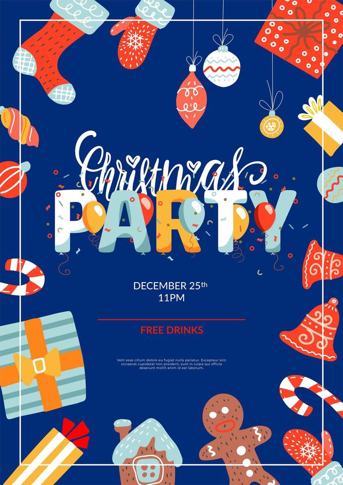 Merry Christmas party layout A4 poster or flyer template. Christmas holidays invitation with design elements. Flat vector Illustration.