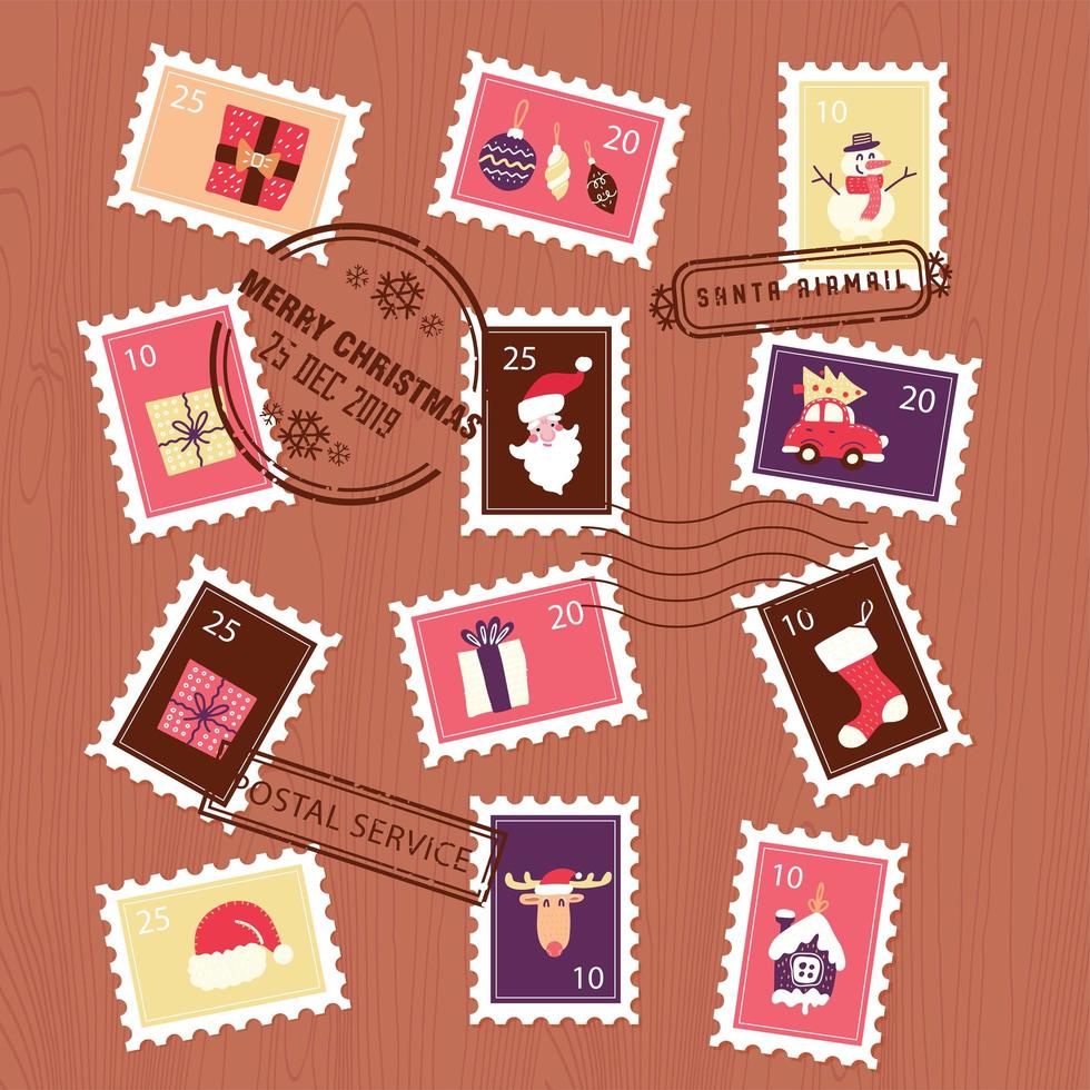 Collection of Christmas stamps. Set for letter envelope. flat vector illustration