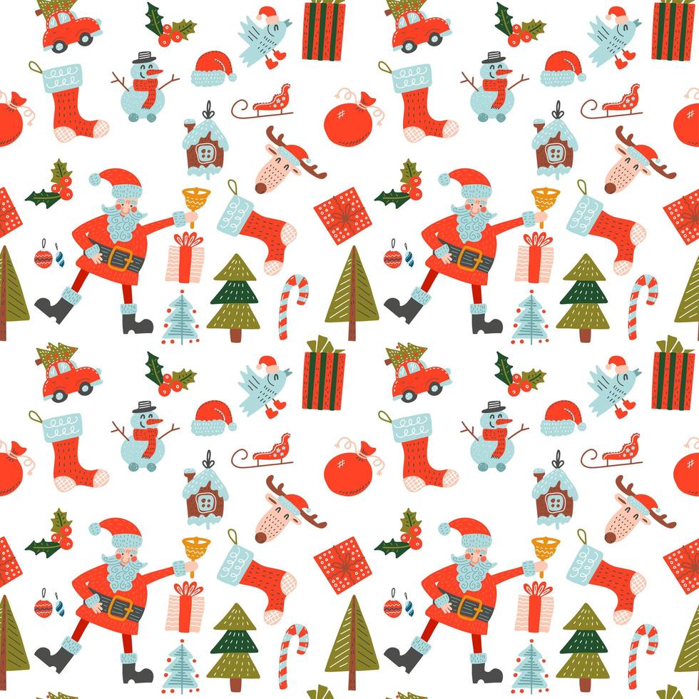 Stylish Merry Christmas seamless pattern with Santa Claus, bird, candies and toys. Seamless pattern for wallpapers, pattern fills, web page backgrounds. Flat hand drawn vector illustration.