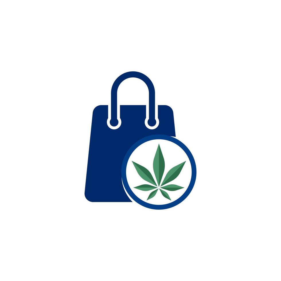 logotipo de cannabis de la tienda médica en línea. bolsa de compras combinada con ilustración de vector de icono de cannabis