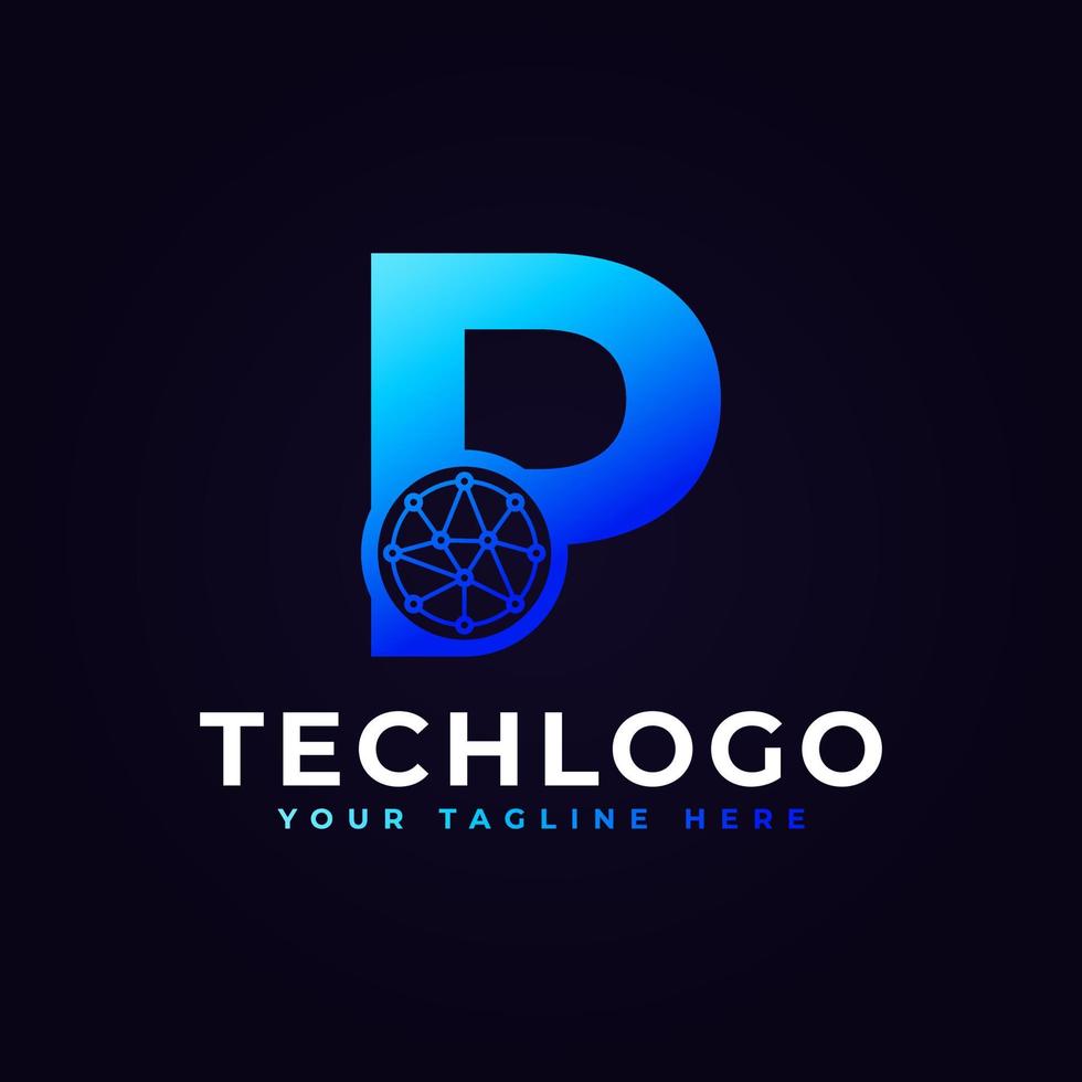 logotipo de la letra p de tecnología. forma geométrica azul con círculo de puntos conectado como vector de logotipo de red. utilizable para logotipos de negocios y tecnología.