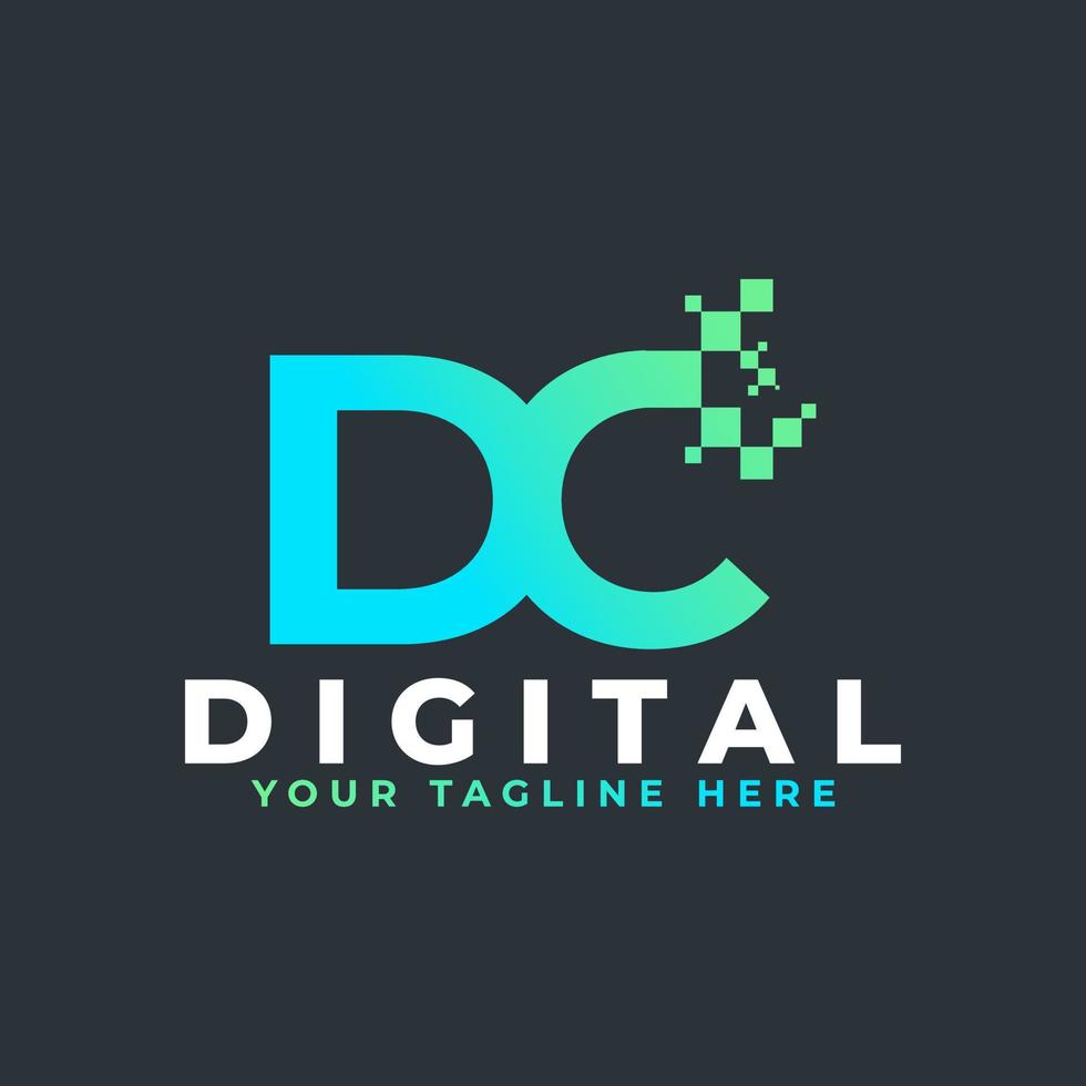 logotipo de la letra de tecnología dc. forma geométrica azul y verde con puntos de píxeles cuadrados. utilizable para logotipos de negocios y tecnología. elemento de plantilla de ideas de diseño. vector