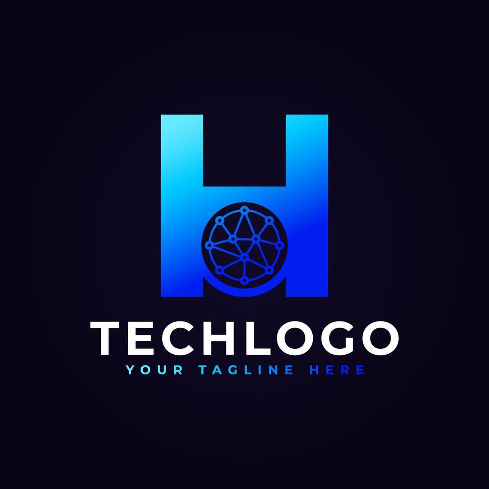 logotipo de la letra h de tecnología. forma geométrica azul con círculo de puntos conectado como vector de logotipo de red. utilizable para logotipos de negocios y tecnología.