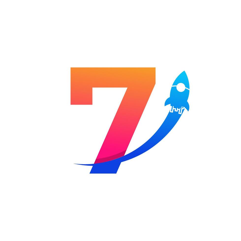número 7 con el símbolo del icono del logotipo del cohete. bueno para logotipos de empresas, viajes, puesta en marcha y logística vector
