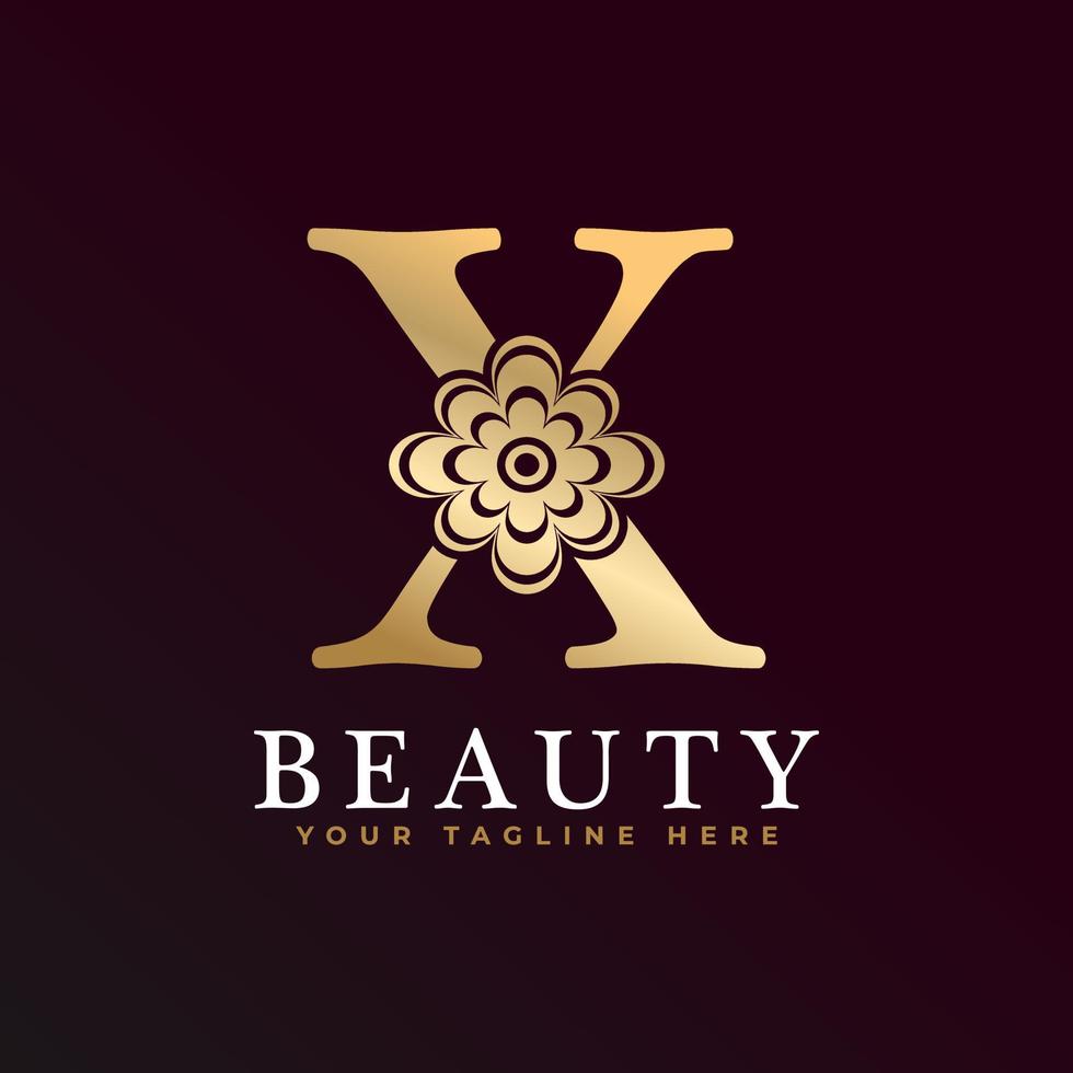 Elegant X Luxury Logo. Golden Floral Alphabet Logo with Flowers Leaves. Perfect for Fashion, Jewelry, Beauty Salon, Cosmetics, Spa, Boutique, Wedding, Letter Stamp, Hotel and Restaurant Logo. vector