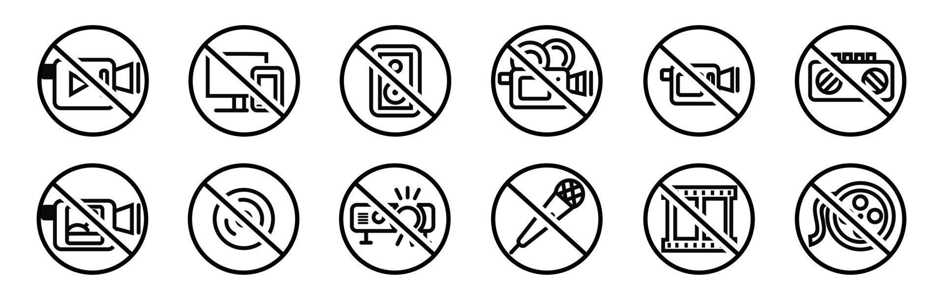 conjunto de iconos señales de prohibición sin fotografía ni grabación de video. conjunto de señales de prohibición de no fotografiar y video. foto, video, señales de cámara en círculo cruzado. vector