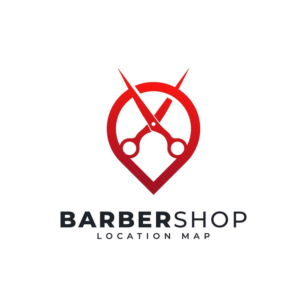 diseño de plantilla de logotipo de ubicación de barbería. pin de mapa combinado con ilustración de vector de icono de tijeras