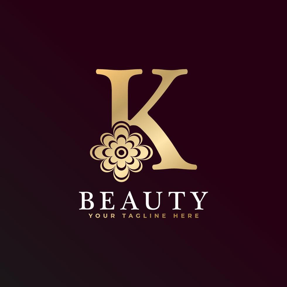 Elegant K Luxury Logo. Golden Floral Alphabet Logo with Flowers Leaves. Perfect for Fashion, Jewelry, Beauty Salon, Cosmetics, Spa, Boutique, Wedding, Letter Stamp, Hotel and Restaurant Logo. vector