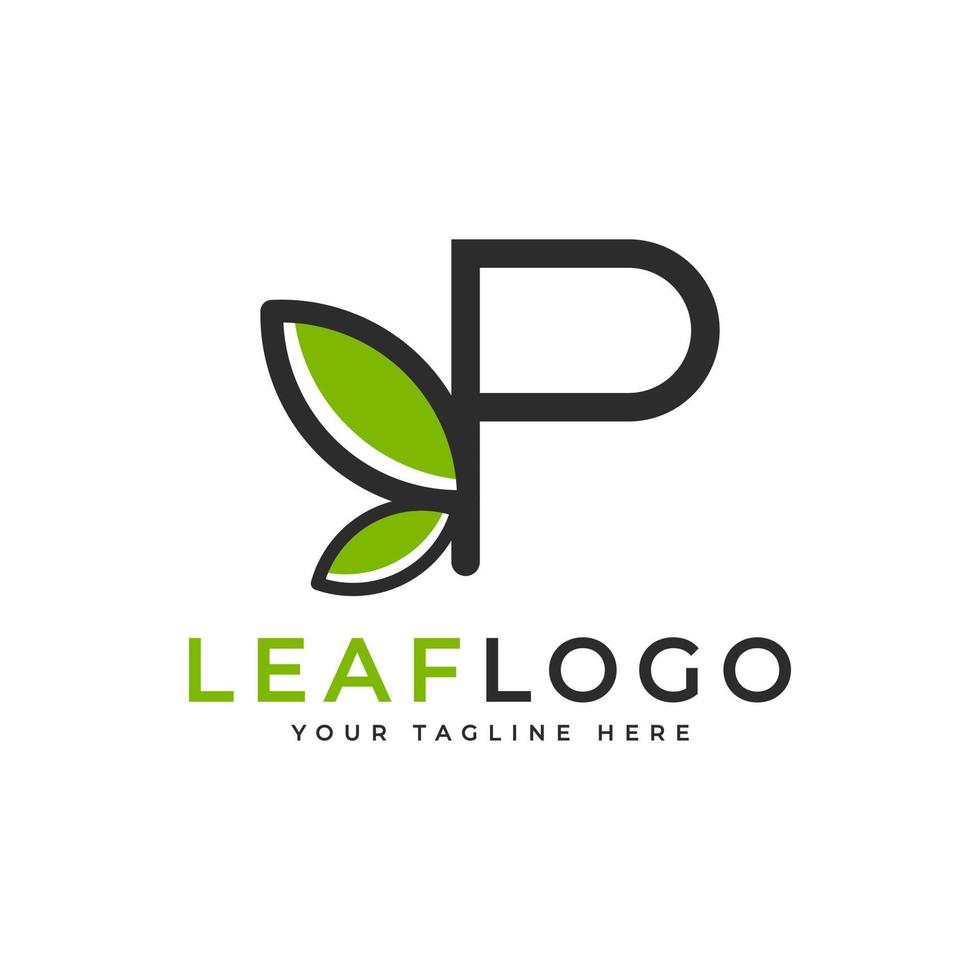 logotipo inicial creativo de la letra p. estilo lineal de forma negra vinculado con el símbolo de hoja verde. utilizable para logotipos de negocios, salud, naturaleza y granjas. elemento de plantilla de ideas de diseño de logotipo de vector plano. eps10