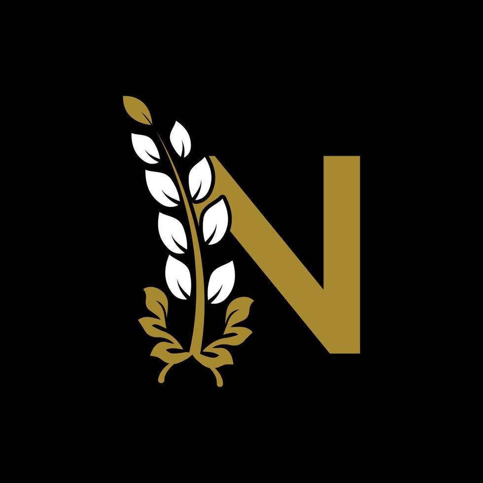 Initial Letter N Linked Monogram Golden Laurel Wreath Logo. Graceful Design for Restaurant, Cafe, Brand name, Badge, Label, luxury identity vector