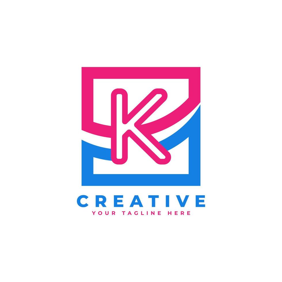 logotipo de la letra k de la corporación con diseño cuadrado y swoosh y elemento de plantilla de vector de color rosa azul