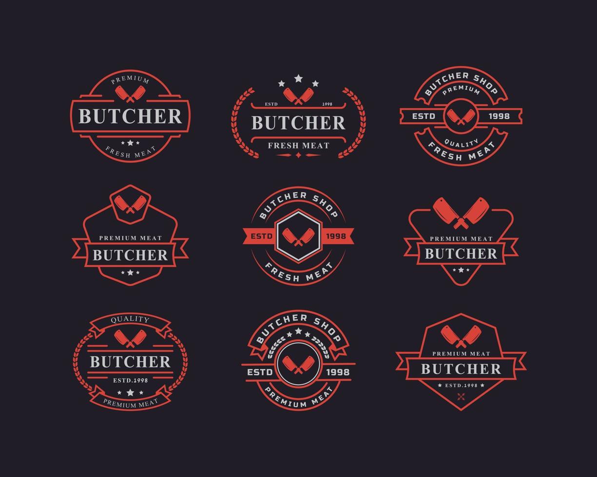 Set of Vintage Retro Badge for Butcher Shop with Crossed Cleavers Logo Design Template Element vector