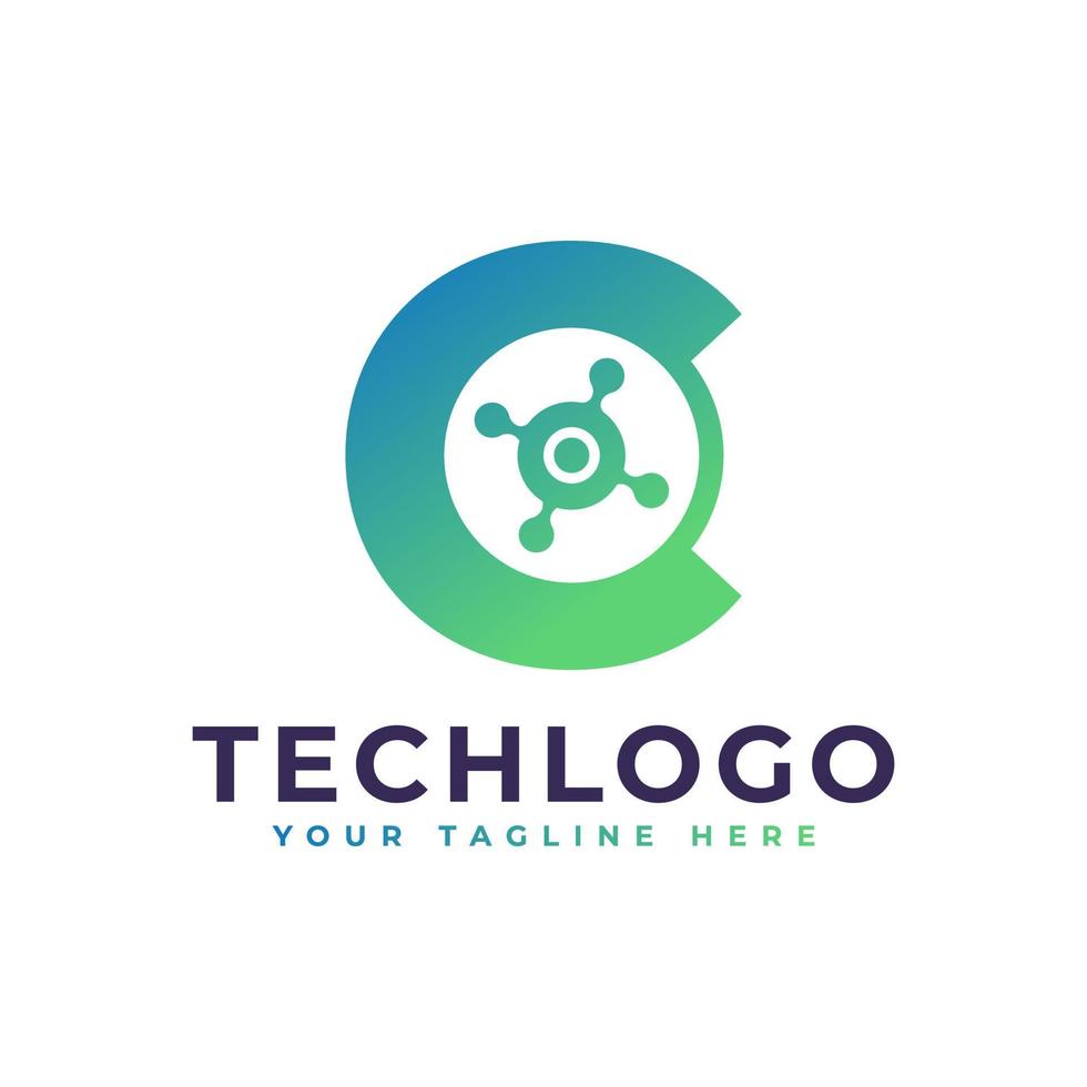 logotipo de la letra c de tecnología. forma geométrica verde con círculo de puntos conectado como vector de logotipo de red. utilizable para logotipos de negocios y tecnología.