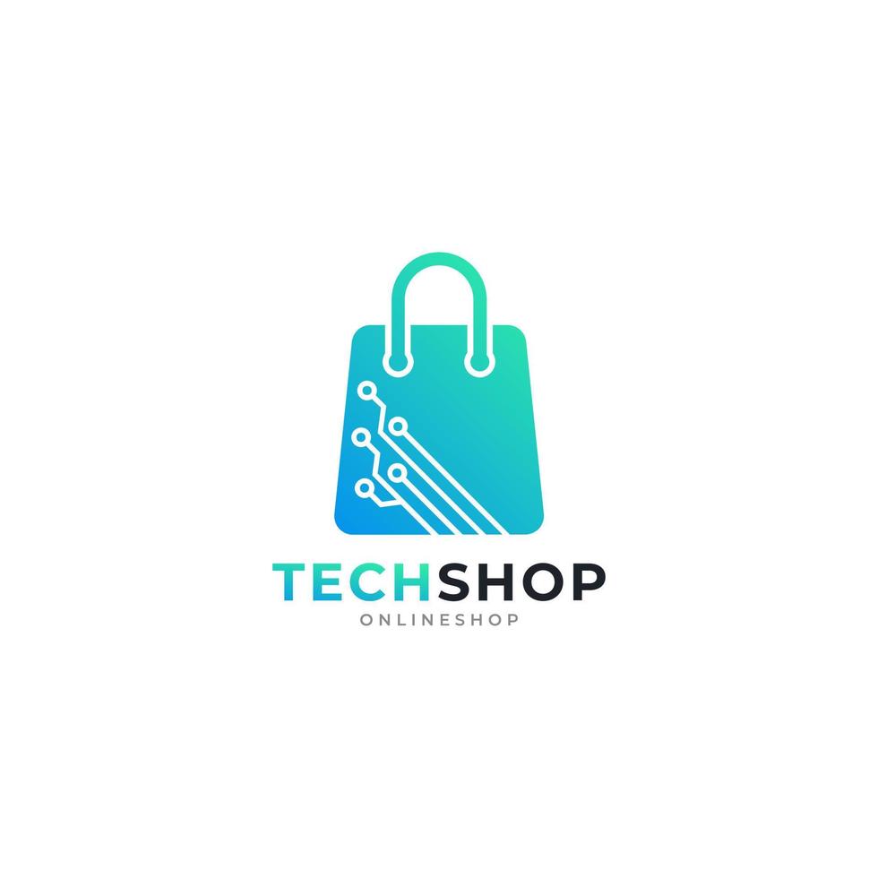 Digital Shop Symbol. Shopping Hand Bag with Electronic Computer Chip Design Template Element vector