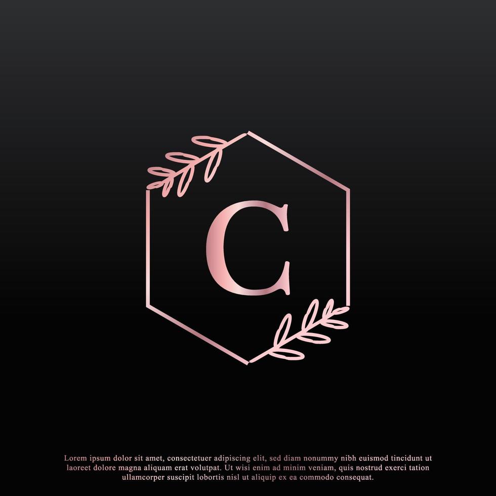 Elegant C Letter Hexagon Floral Logo with Creative Elegant Leaf Monogram Branch Line and Pink Black Color. Usable for Business, Fashion, Cosmetics, Spa, Science, Medical and Nature Logos. vector