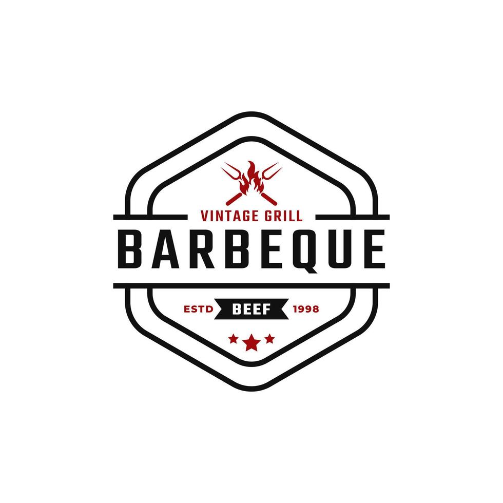 insignia de etiqueta retro vintage clásica para parrilla barbacoa barbacoa con tenedor cruzado e inspiración en el diseño del logotipo de llama de fuego vector