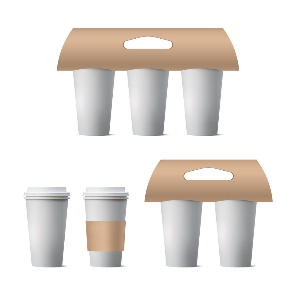 Coffee cup holder set mockup isolated on white background, vector illustration