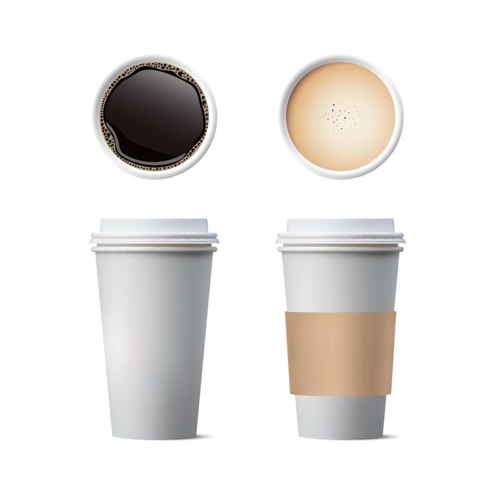 café en tazas de papel blanco, café negro, espresso capuchino, café con leche, moca, americano, aislado en fondo blanco, ilustración vectorial vector