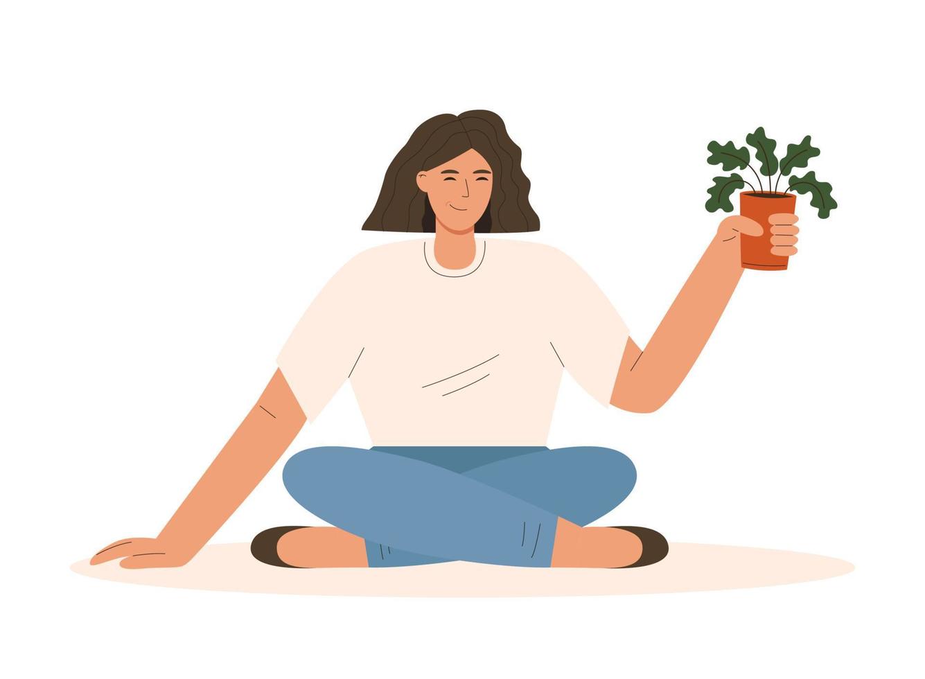 mujer sentada y sosteniendo una planta en maceta vector