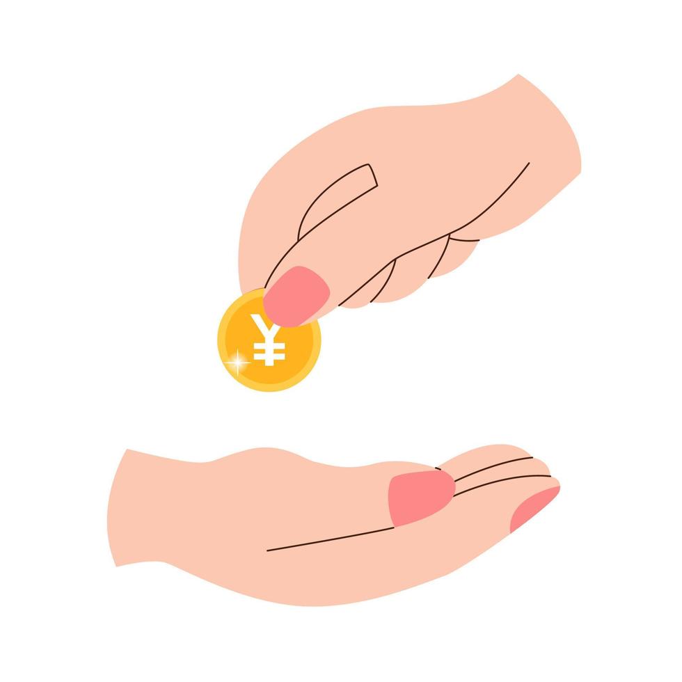 Hand passes coin yuan to the other hand vector