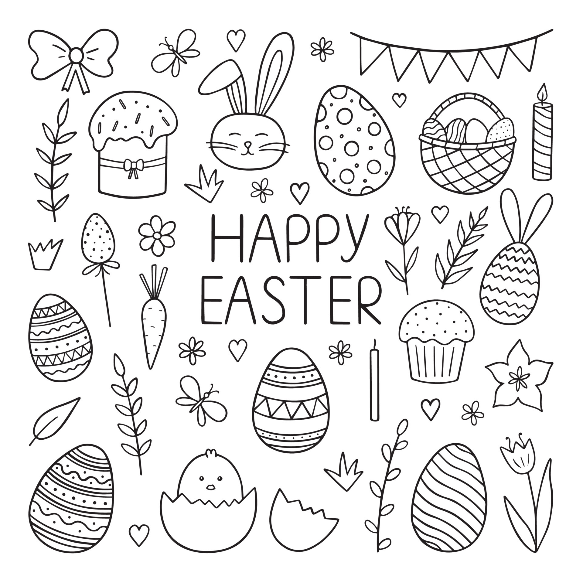 Hand drawn set of Happy easter doodle. Easter bunny, chick, eggs, branches, tulips in sketch style. Design for card template, holiday decorations.Vector illustration isolated on white background. 6228515 Vector Art at Vecteezy