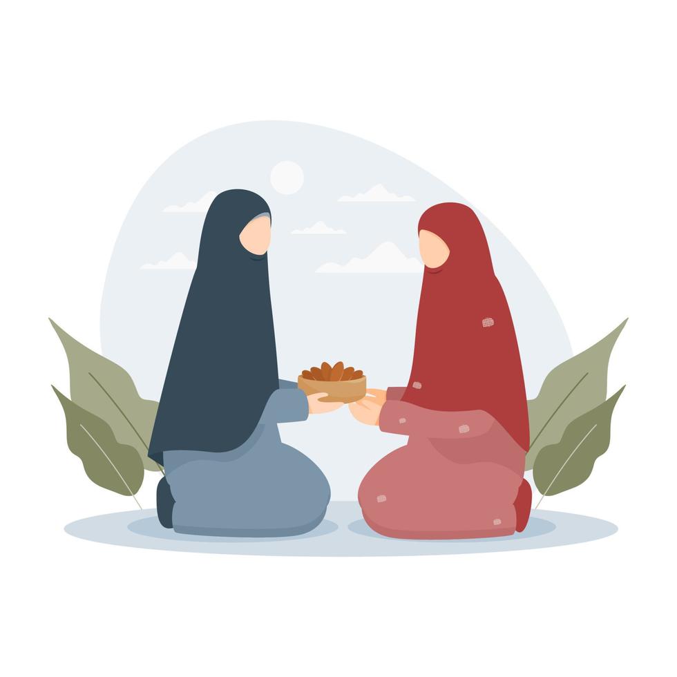 Muslim woman give iftar food to poor woman in ramadan vector