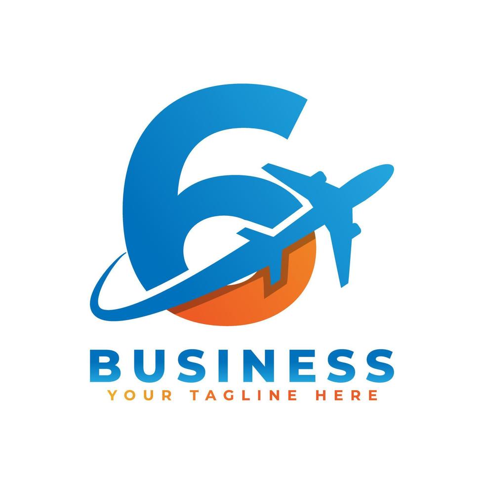 número 6 con diseño de logo de avión. adecuado para giras y viajes, puesta en marcha, logística, plantilla de logotipo empresarial vector