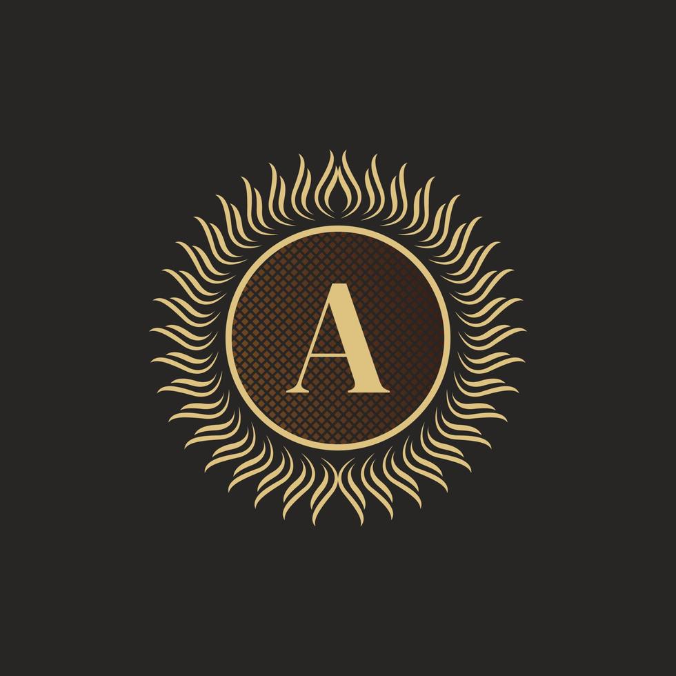 Emblem Letter A Gold Monogram Design. Luxury Volumetric Logo Template. 3D Line Ornament for Business Sign, Badge, Crest, Label, Boutique Brand, Hotel, Restaurant, Heraldic. Vector Illustration