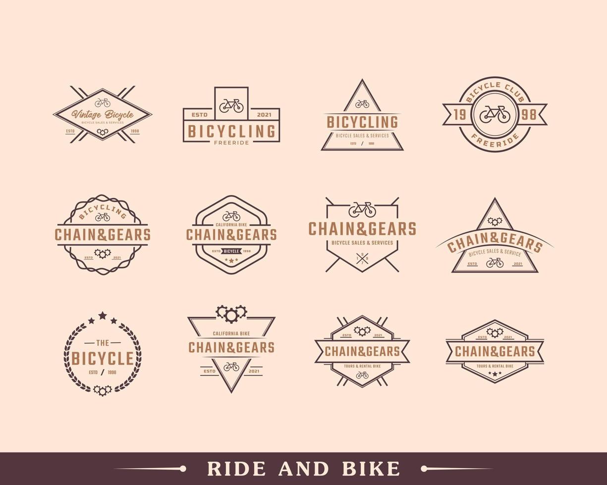 conjunto de insignia de emblema vintage reparación de bicicletas y logotipo de la tienda de servicios en estilo retro ilustración vectorial vector