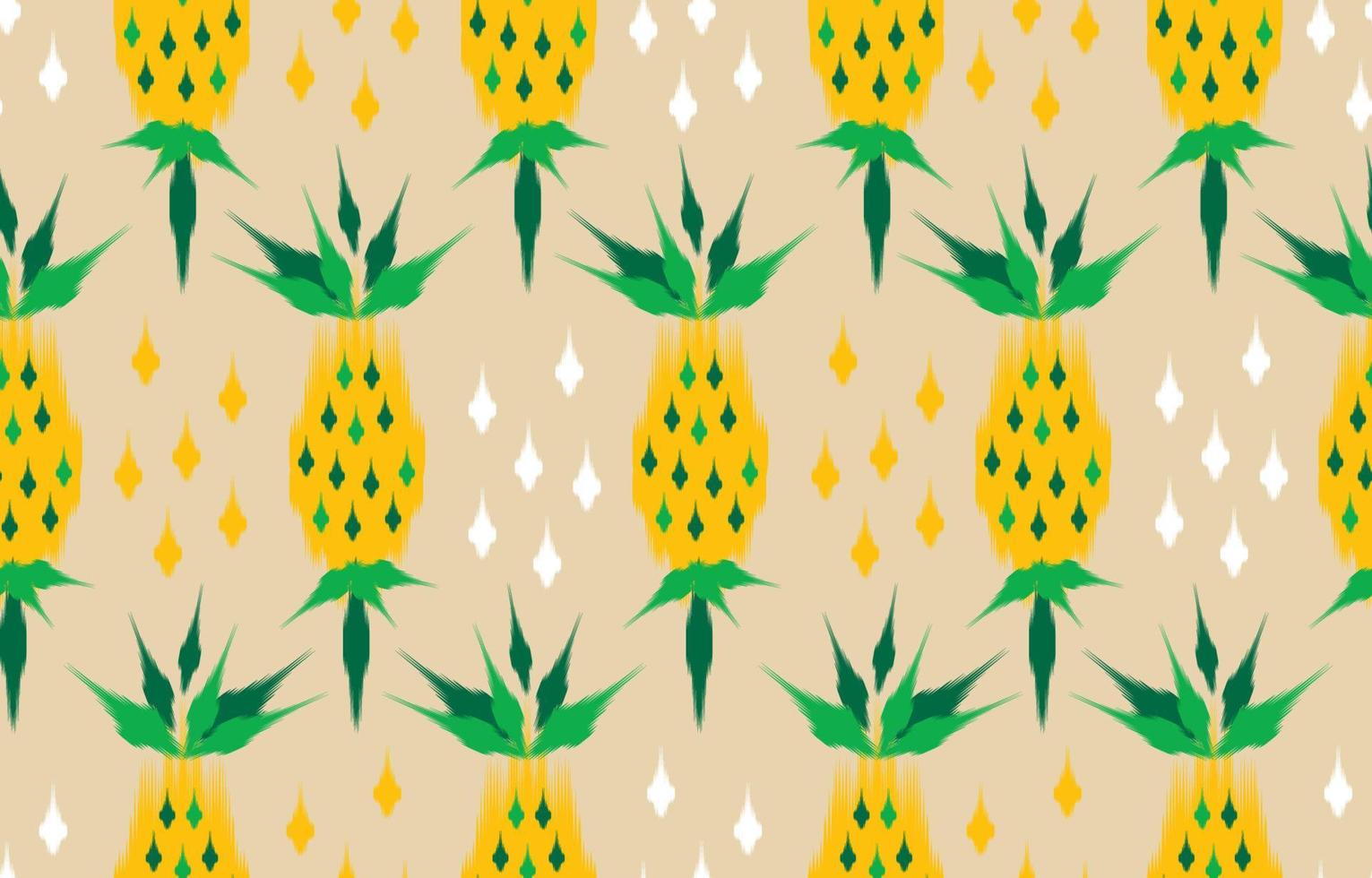 arte ikat de piña amarilla étnica. patrón de piña sin fisuras en tribal, bordado popular y estilo mexicano. estampado de adornos de arte floral naranja. diseño para alfombra, papel pintado, ropa, envoltura, tela, cubierta vector