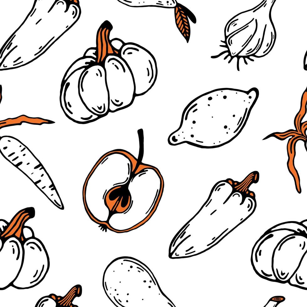 Vegetables and fruits seamless vector pattern. Hand-drawn harvest. Black and white sketch with orange abstract spot. Vegan food outline. Line art pumpkin, apple, carrot. Decoration for the kitchen.