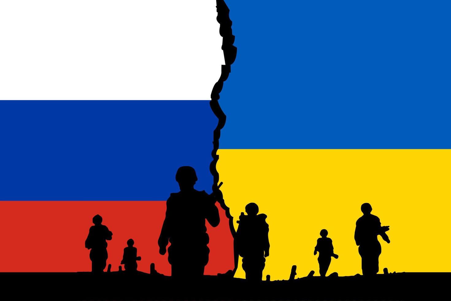 Illustration of Russian and Ukrainian flags with a crack in the middle It shows the relationship between Ukraine and Russia vector