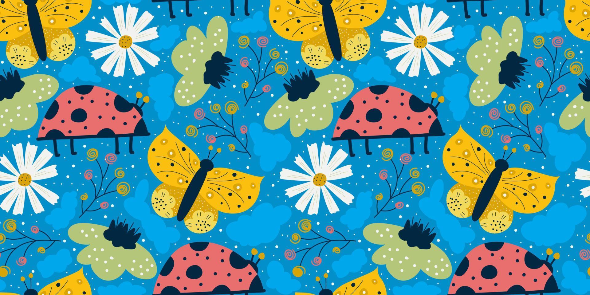 Scandinavian spring seamless pattern with butterfly, ladybug and daisy on blue background. Yellow and red insect with wings, flowers. Seamless colorful pattern for baby textile. vector