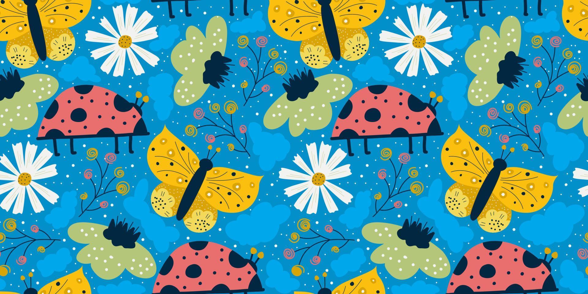 Scandinavian spring seamless pattern with butterfly, ladybug and daisy on blue background. Yellow and red insect with wings, flowers. Seamless colorful pattern for baby textile. vector