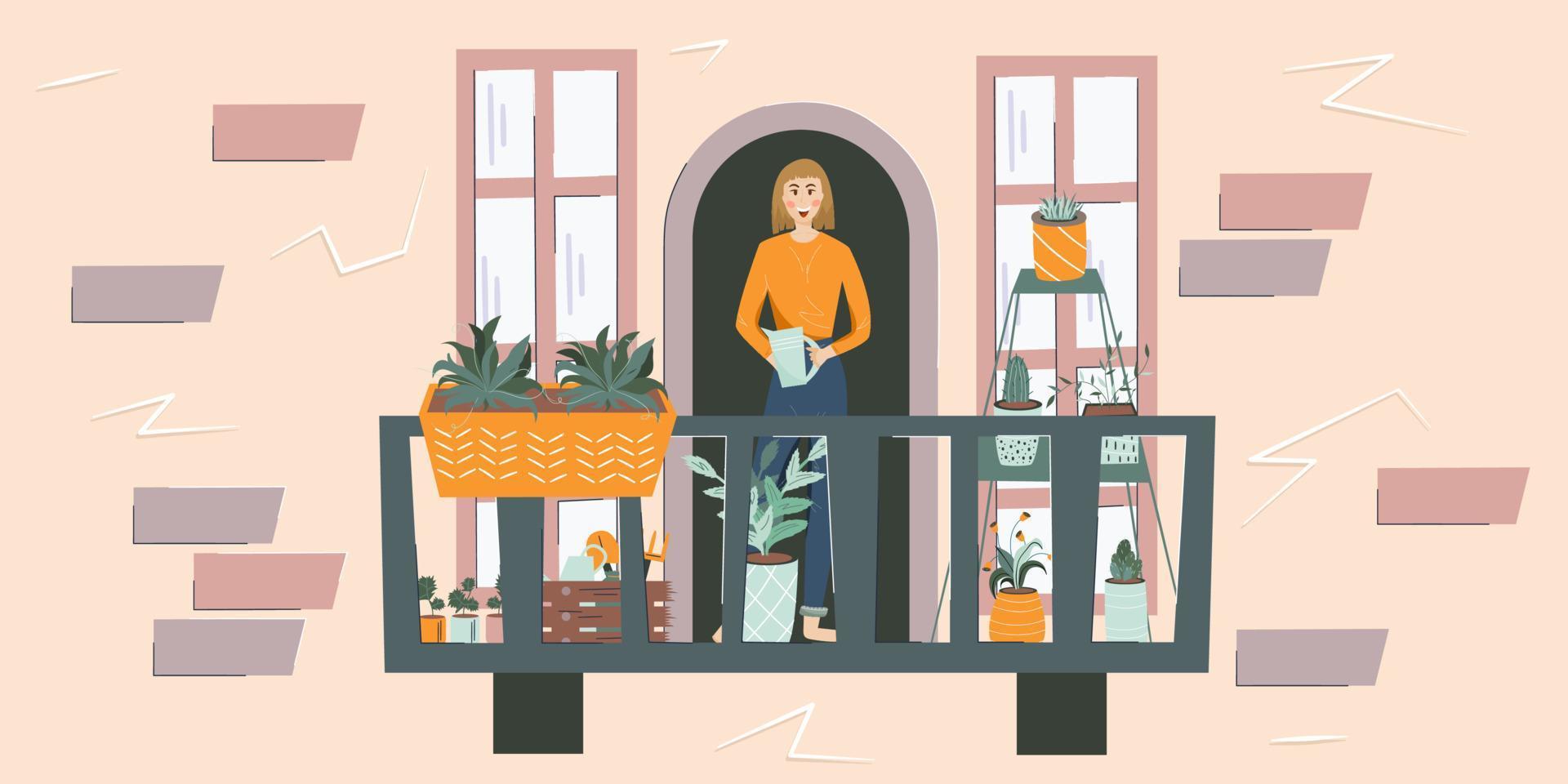 Garden on balcony, girl is watering the flowers. Grows flowers and seedlings on the balcony. Home urban hobby. Flat vector illustration. Home vacation and vacation concept.