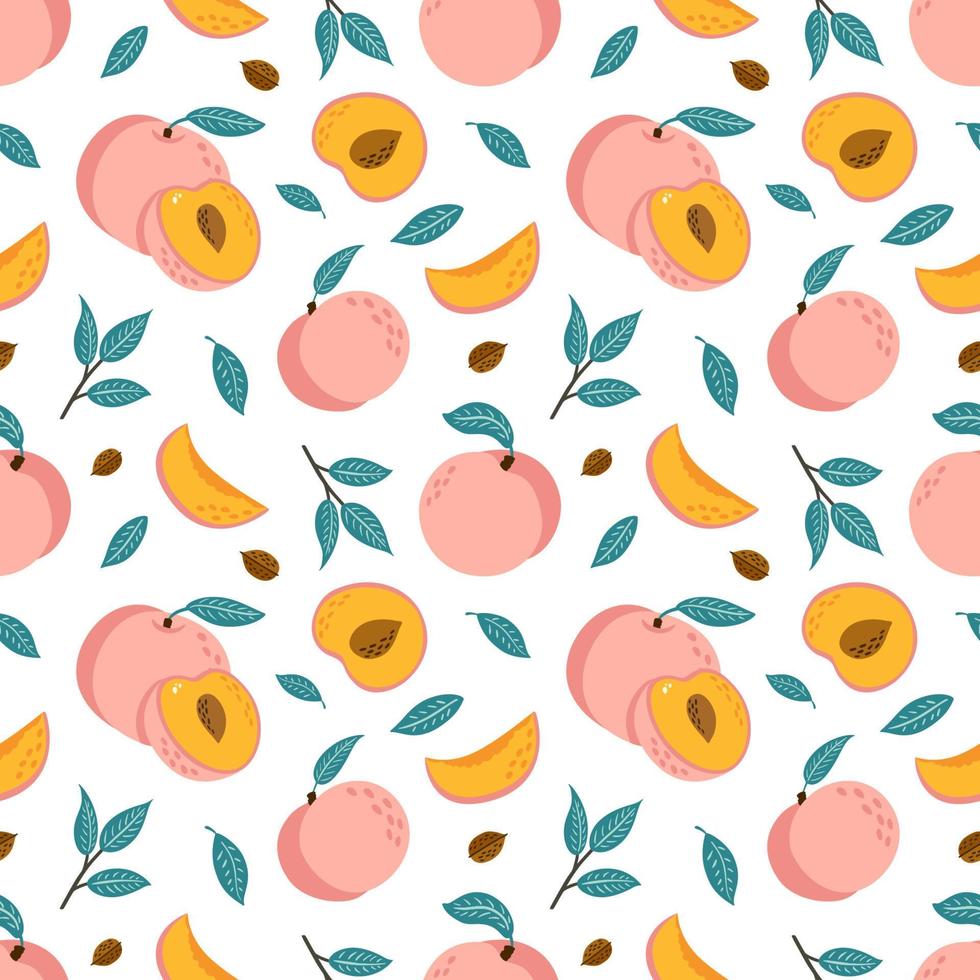 Vector Seamless Pattern with Peaches. Half, Slice and Whole Juicy Fruits Background. Hand Drawn sweet nectarine ornament for  wrapping paper, fabric, texture, menu, food package and interior design