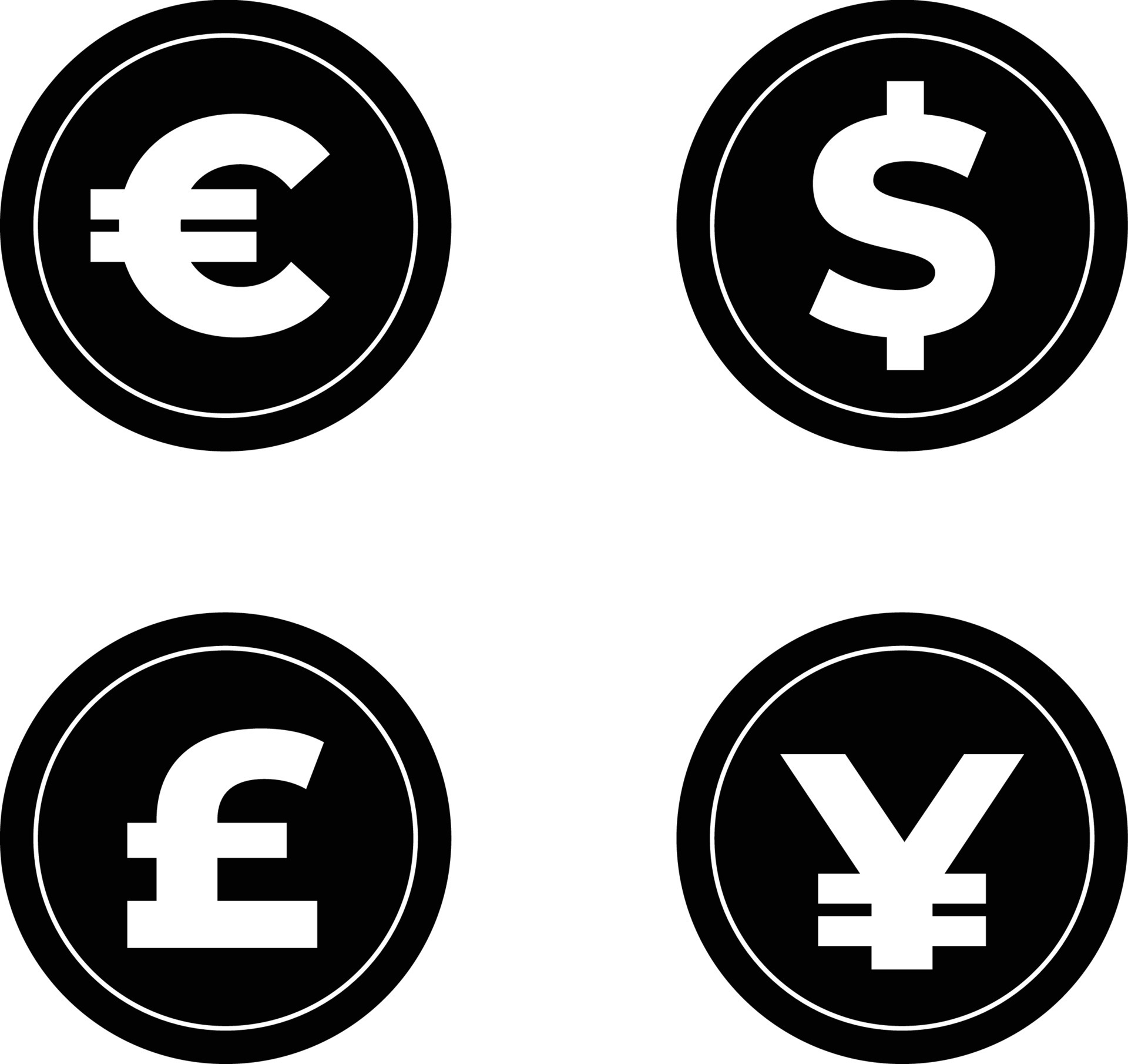 Money Symbol Black Circle Set on White, International Currency Icon Set